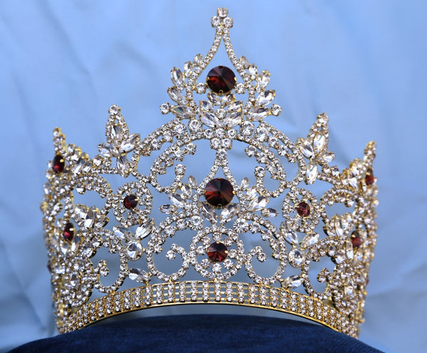 Continental Adjustable Gold Dark Amber Rhinestone Crown Tiara LARGE Queen,OVERSTOCK CLEARANCE