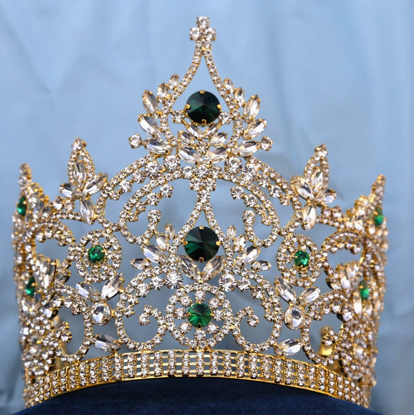 Continental Adjustable Gold Emerald Crown Tiara LARGE Queen,OVERSTOCK CLEARANCE
