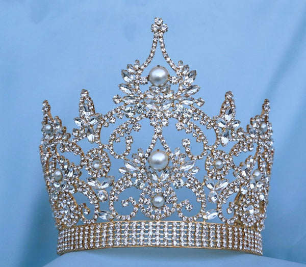 Continental Adjustable Rhinestone Gold Pearl Crown Tiara OVERSTOCK CLEARANCE,LARGE Queen