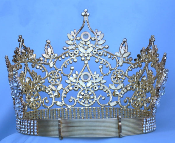 Continental Adjustable Rhinestone Gold Pearl Crown Tiara OVERSTOCK CLEARANCE,LARGE Queen