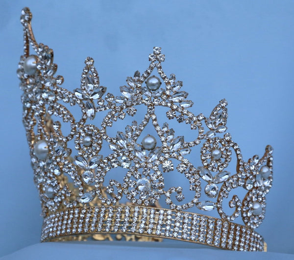Continental Adjustable Rhinestone Gold Pearl Crown Tiara OVERSTOCK CLEARANCE,LARGE Queen