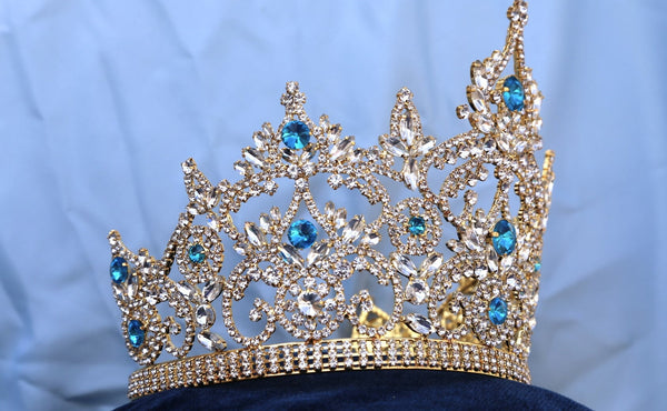 Continental Blue Aquamarine Rhinestone Crown Tiara LARGE Queen,OVERSTOCK CLEARANCE