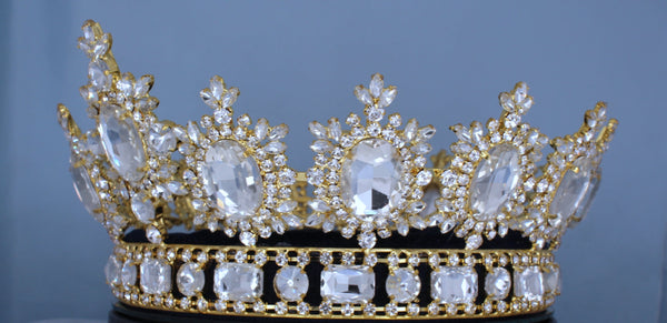 Men's Unisex Rhinestone Gold full CLEAR Royal Premium Crown