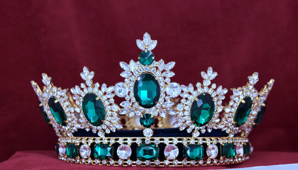 Men's Unisex Rhinestone Gold Full Emerald Green Royal Premium Crown