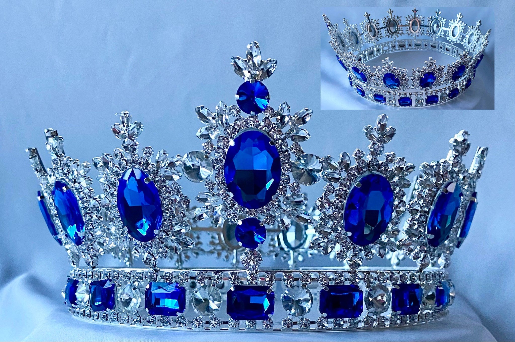 Men's Unisex Rhinestone Silver Full Blue Sapphire Royal Premium Crown