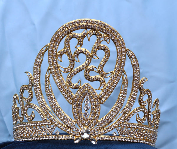 Miss Beauty Pageant Adjustable Rhinestone Gold Crown Tiara LARGE Queen