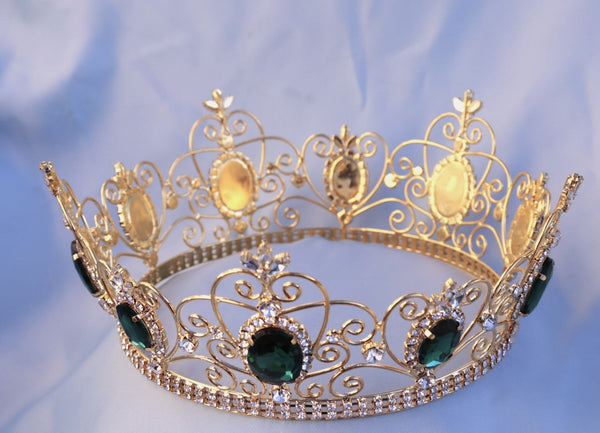 Rhinestone Full Gold Green Emerald Crown MASCULINE/King/Crown,MEDIUM Queen/Princess
