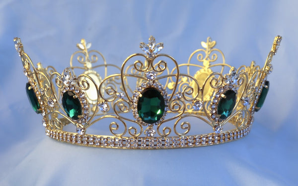 Rhinestone Full Gold Green Emerald Crown MASCULINE/King/Crown,MEDIUM Queen/Princess