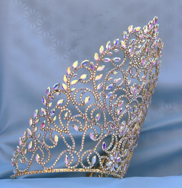 Rhinestone Queen Crown Gold Aurora Borealis Tiara LARGE Queen