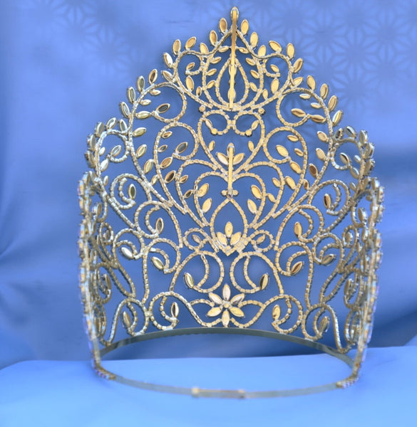 Rhinestone Queen Crown Gold Aurora Borealis Tiara LARGE Queen