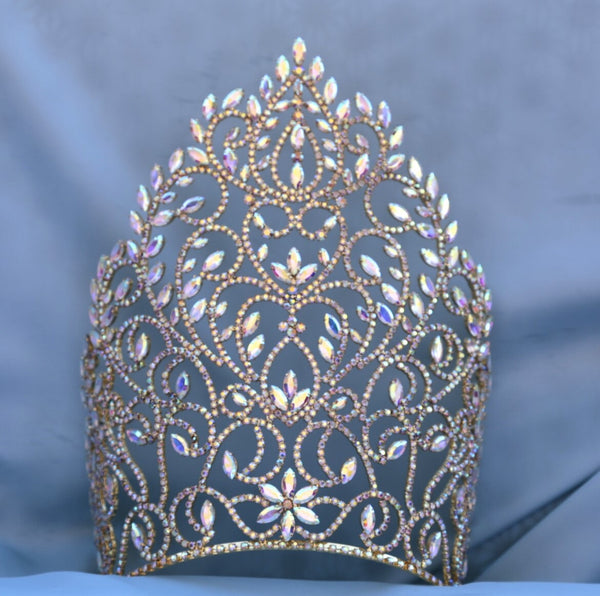 Rhinestone Queen Crown Gold Aurora Borealis Tiara LARGE Queen