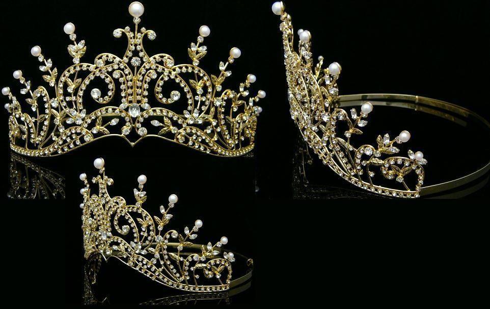 Leaey-Spray Tiara 1905 English Rhinestone gold Crown Bridal Princess Tiara - CrownDesigners